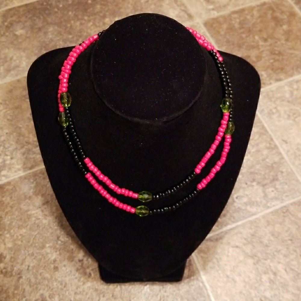 Beaded necklace red black green